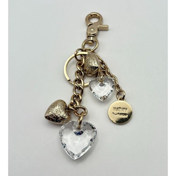 Kathy Van Zeeland Heart Charm Keychain Chunky Gold Tone with Clear Hearts - Picture 2 of 7